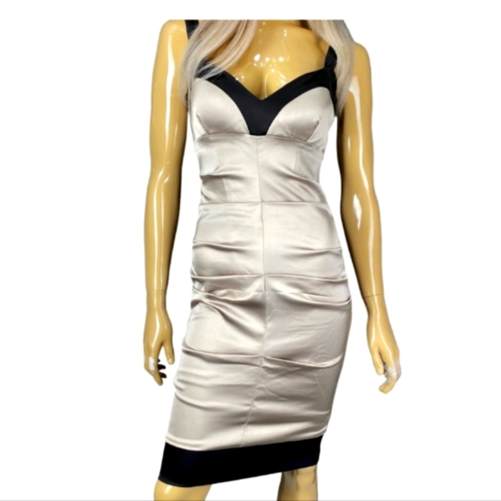 Cache Beige and Black Midi Sheath Dress